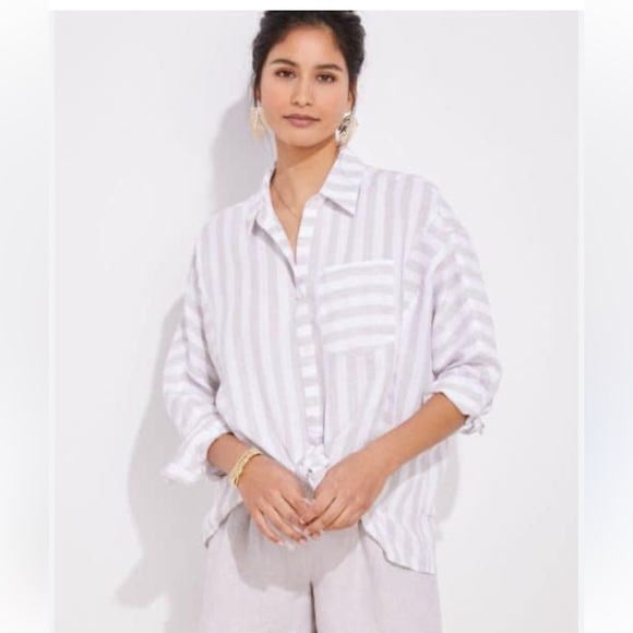 Vineyard Vines Tops - Vineyard Vines Striped Linen Weekend Top — White/Tan